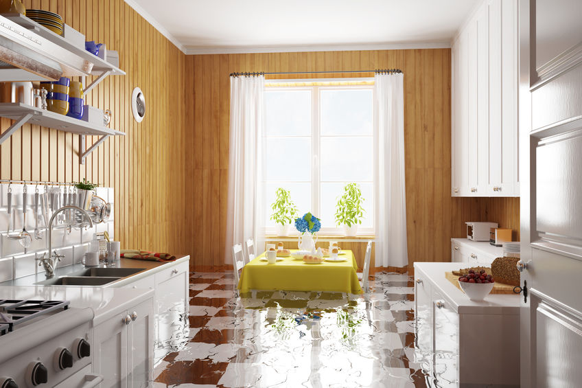 Water damage after flooding in kitchen in a house (3D Rendering)